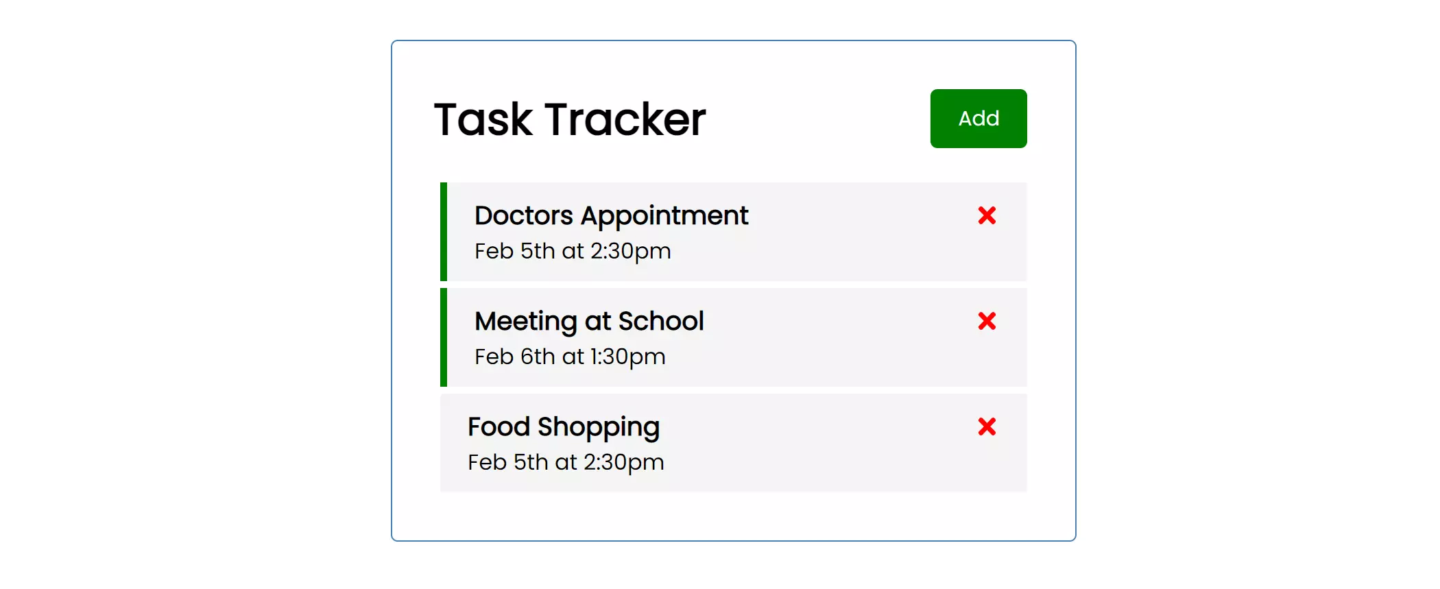 screenshot of a react app task tracker